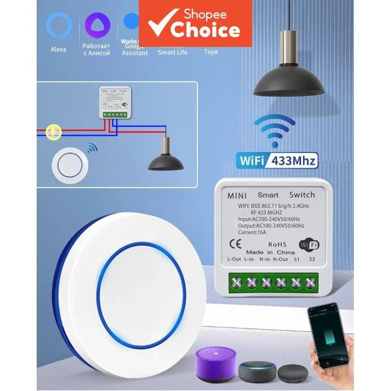 AXUS 16A, interruptor inteligente Wi-Fi Tuya, botão de pressão mini redondo RF433MHz, controle por voz via Alexa e