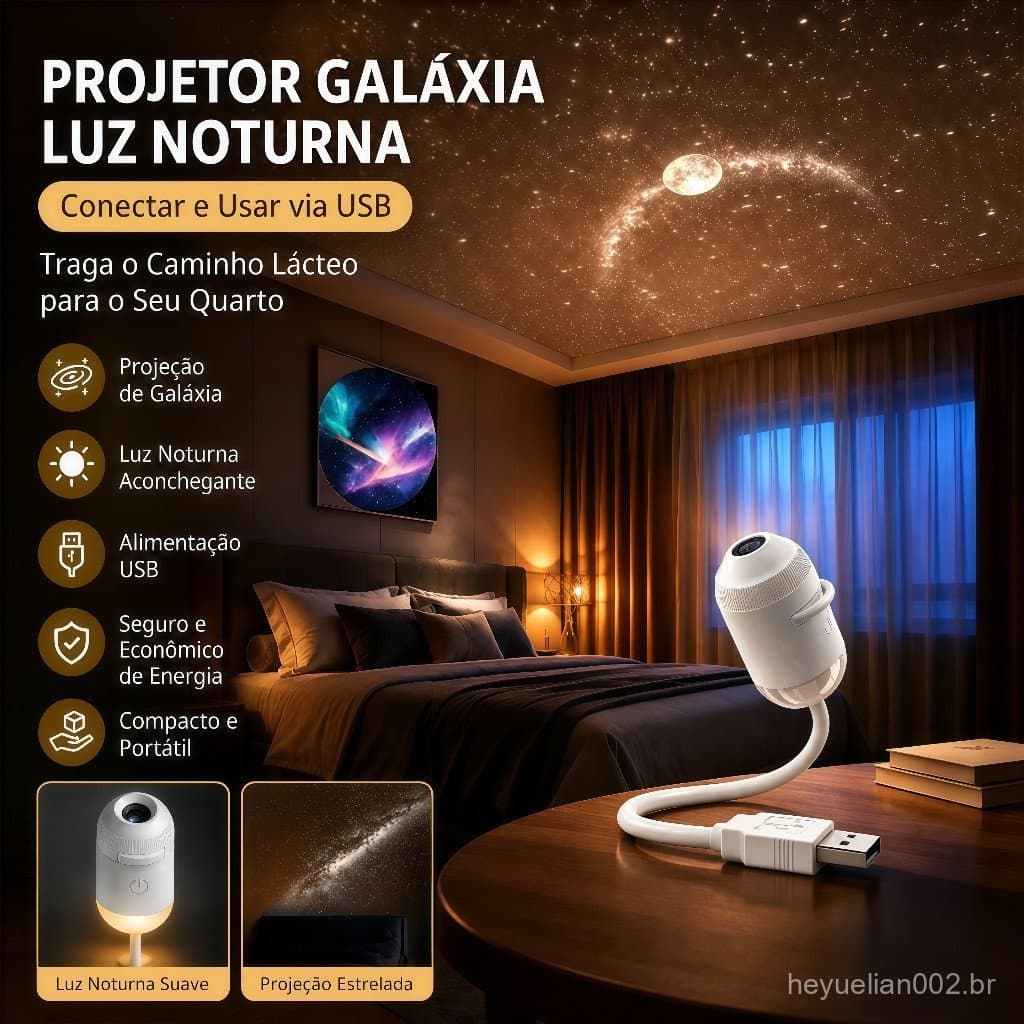 Projetor de Galáxia 2 em 1 com Luz Noturna Luminária Projetor LED Portátil USB Quarto Infantil