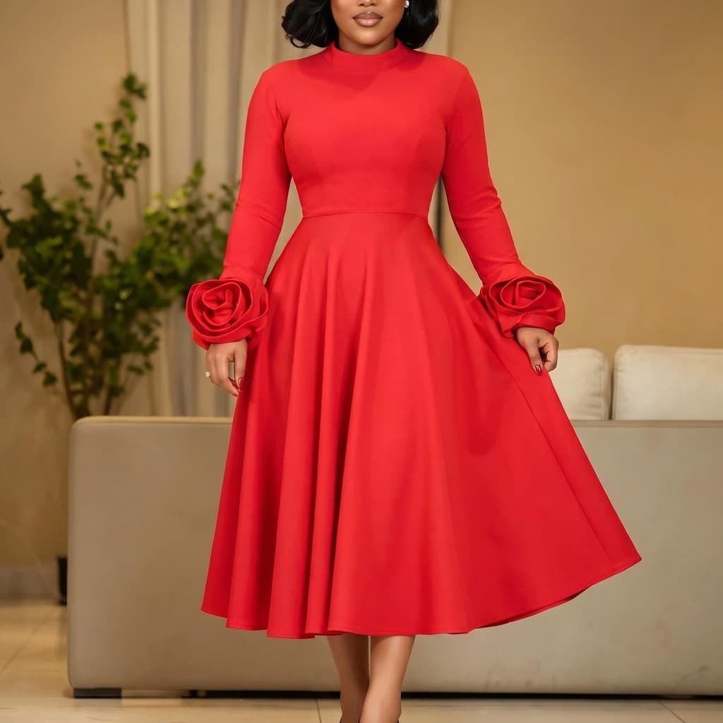 vestido de festa Feminino plus size semi Gola Alta Manga Comprida Tridimensional floral Saia Longa Temperamento
