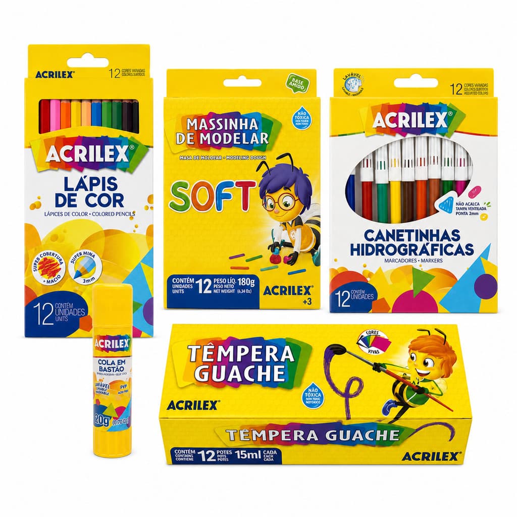 Kit Acrilex 5 Itens Lápis Canetinha Guache Massinha Cola
