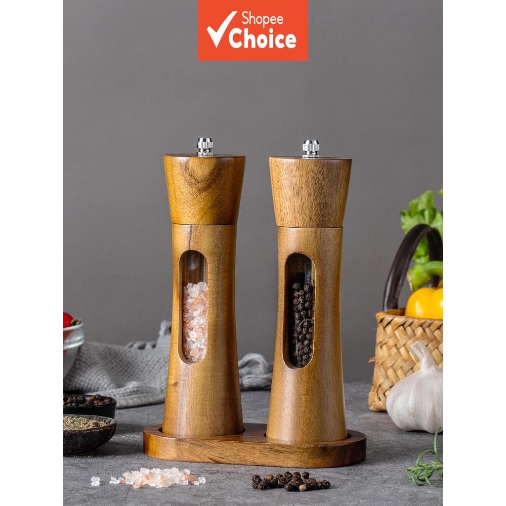 Kit Moedor de Temperos Manual em Madeira com Base de Armazenamento, Mini Colher e Janela Visível para Sal, Pimenta e