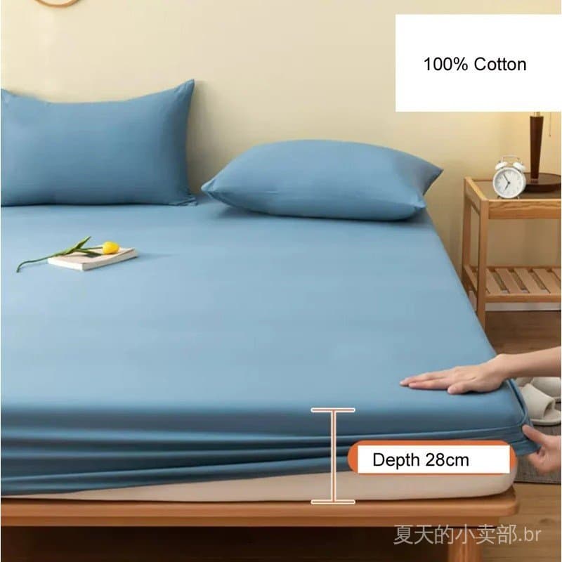Lençol de algodão 100% com elástico + 2 fronhas, roupa de cama de cor lisa, lençóis com elástico duplo, tamanho Queen e