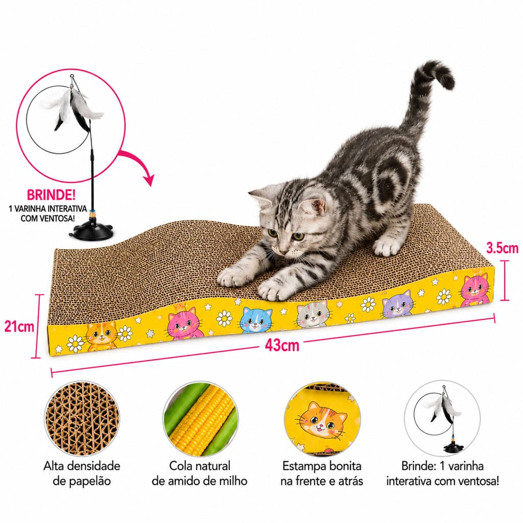 Arranhador Ondulado Grande para Gatos com Brinquedo Interativo de Ventosa – Papelão Resistente para Arranhar e Descansar