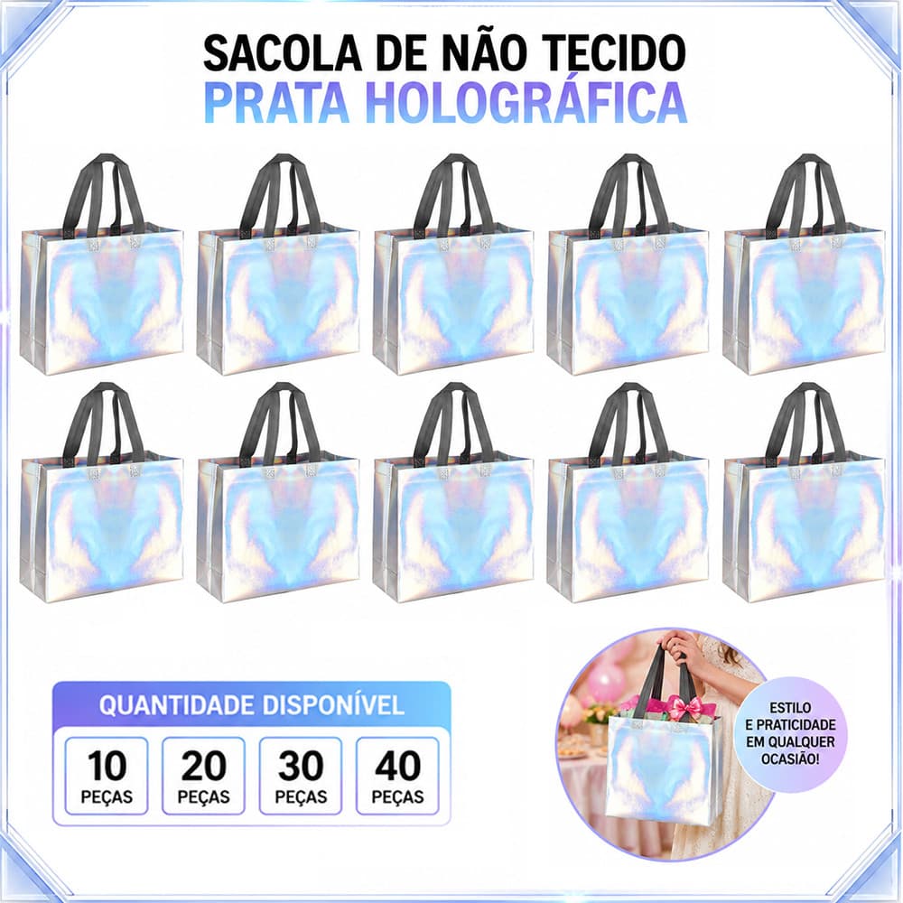10/20/30/40 peças sacola não tecida prateada 28 x 33 x 13 cm à prova d'água durável adequada para festa