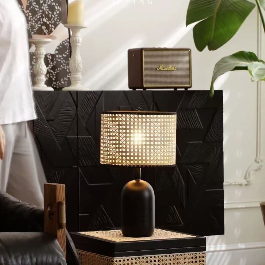 Abajur De Mesa Retro Nórdico Rattan Natural Base Preta 3 Cores Ajustaveis Para Quarto Abajur De Cabeceira Lampu Meja