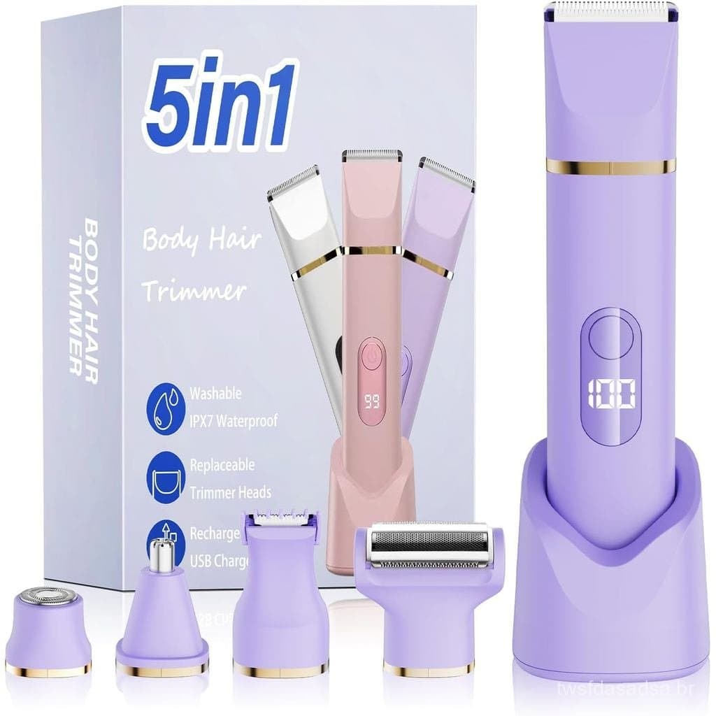 Removedor de Pelos Feminino 5 em 1, Aparelho de Barbear Elétrico Sem Fio à Prova d'Água IPX7, 5 Cabeçotes Substituíveis,