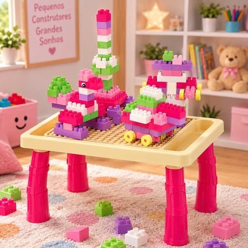 Mesa Didatica Infantil Criativa Educativa Blocos Montar Figurinhas Rosa 100 Pecas