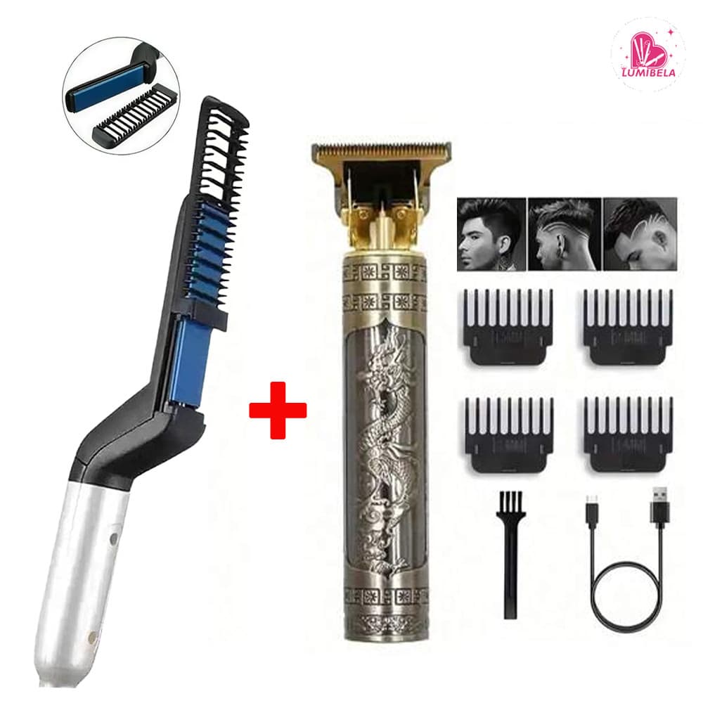 KIT 2 Escova Barba Chapinha Modelador Pente e Máquina De Cortar Cabelo Para Barba-Kit cuidados masculinos