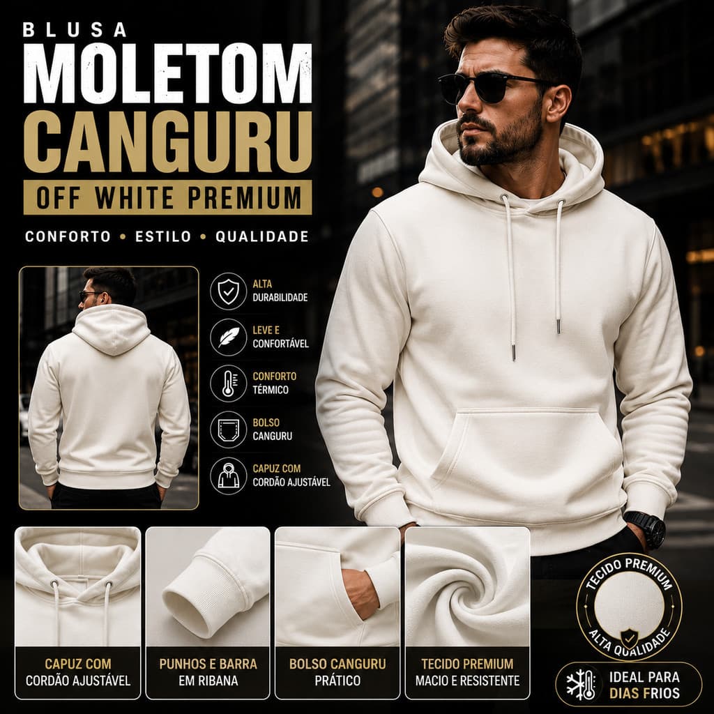 Blusa De Frio Moletom Canguru off white Masculino Feminino