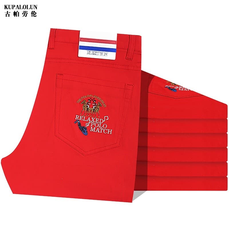 Homens de meia-idade grande vermelho Benming ano All-Match calças casuais cintura alta estiramento bordado Paul calças d