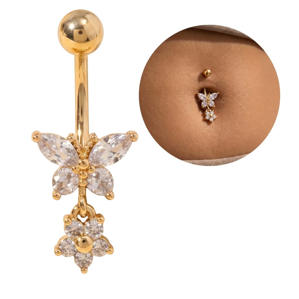 Piercing Umbigo Borboleta Flor Cravejada Zircônias Anti Alérgico Aço Cirúrgico Prata Ouro Hipoalergênico
