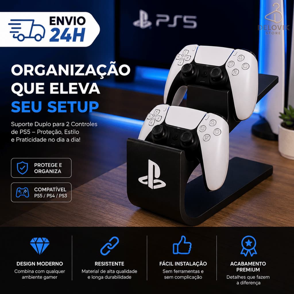 Suporte para 2 Controles PS5 PS5 Slim PS4 Organizador Gamer Premium