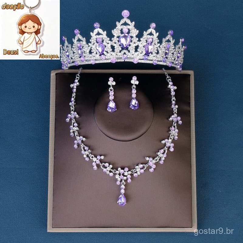 Conjunto De 3 Peças De Cerimônia Adulta Coroa Roxo Strass Colar Brincos Decoração De Casamento Joias De Noiva