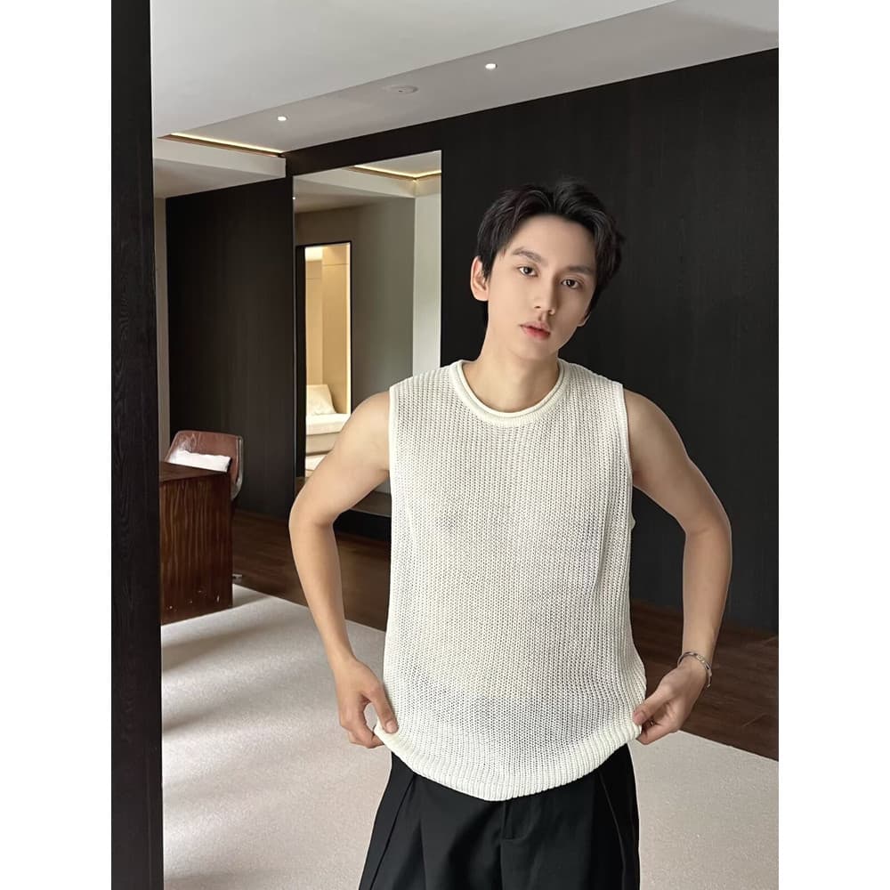 Estilo de dinheiro antigo textura de malha colete masculino em torno do pescoço ombro largo sem mangas camiseta enrolado