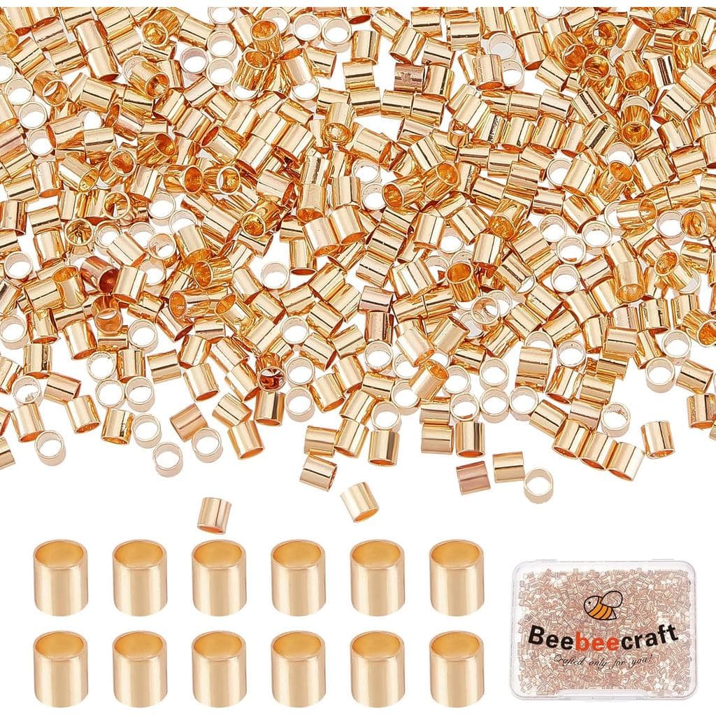 Beebeecraft 1 Caixa com 1000 Peças de Tubos de Crimpagem Banhados a Ouro 18K, Espaçadores de Tubo de Crimpagem, Ponteira