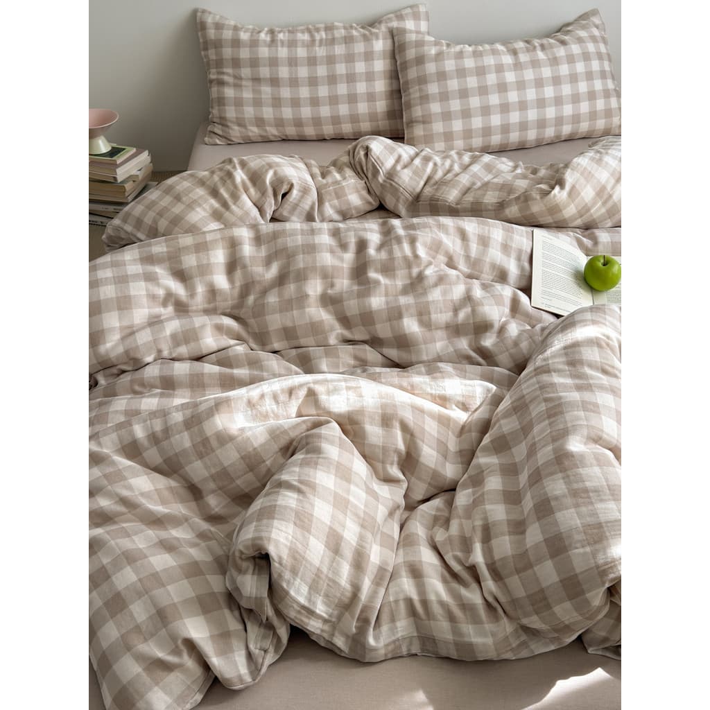 Classe A simples cama de algodão puro conjunto de quatro peças algodão dupla camada fio xadrez colcha capa cama conjunto