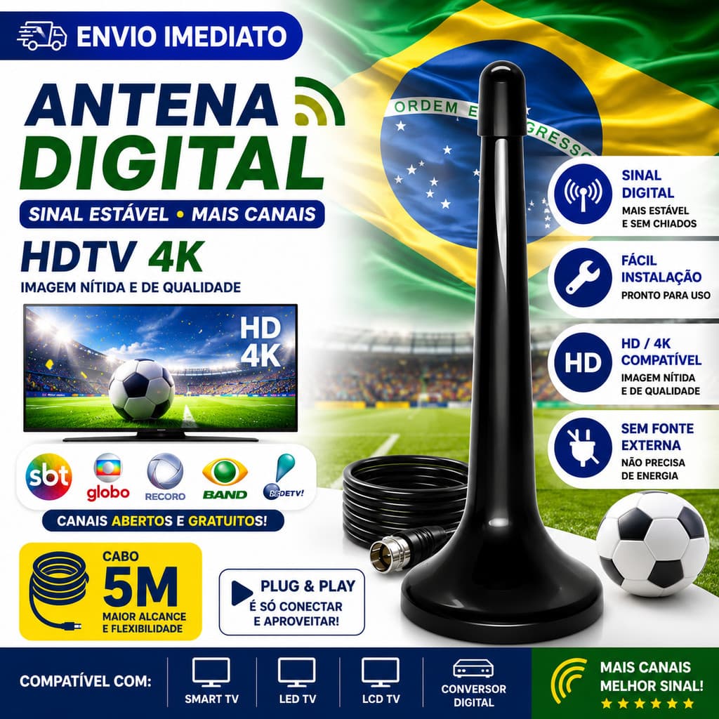 KIT3 Antena TV Digital HDTV 4K | UHF VHF FM Instalação Fácil | Alta Sensibilidade Interna Externa