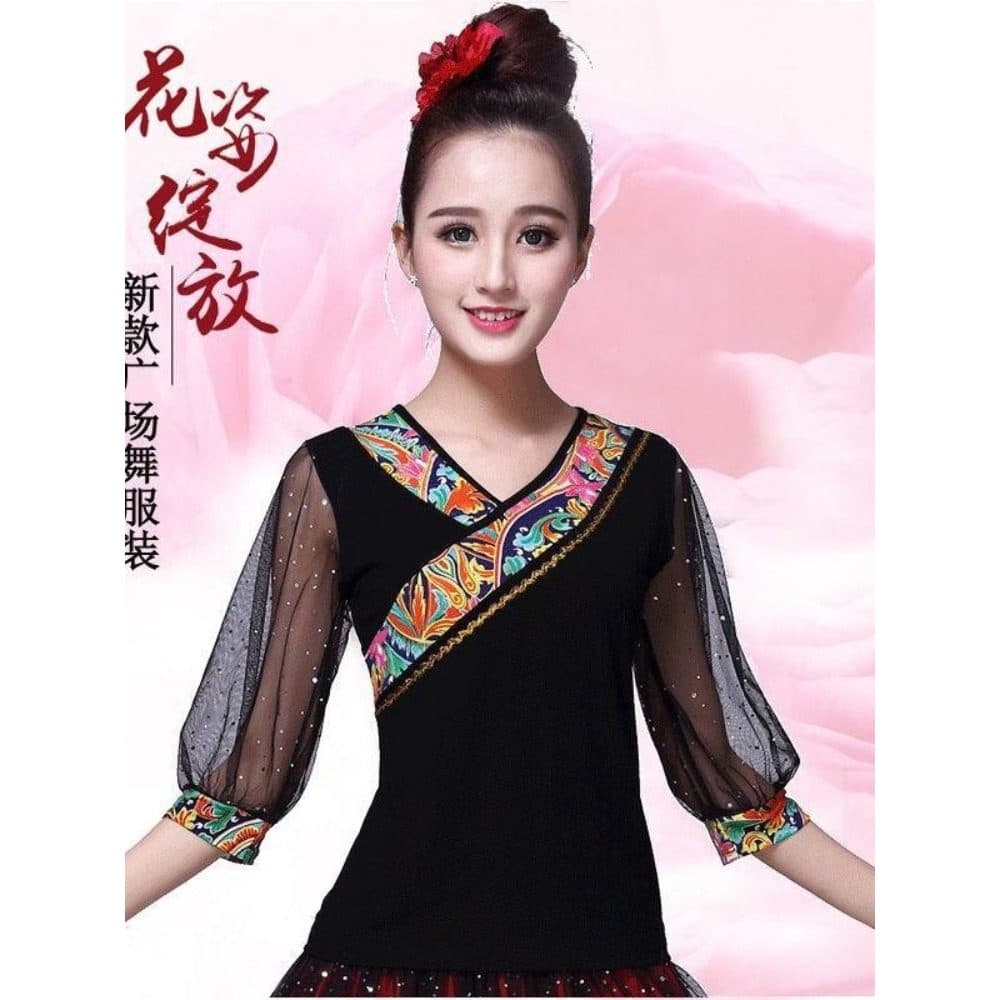 Traje de dança feminino quadrado dança topo Modal manga longa meia-idade idosos Xinjiang dança mongol traje de desempenh