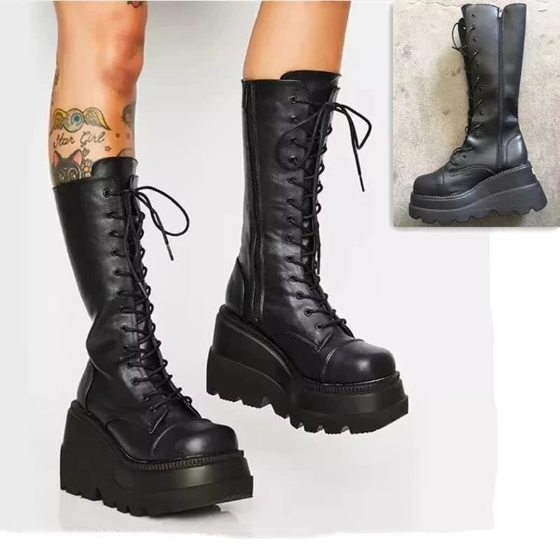 Botas de Plataforma Femininas Estilo Punk, Botas de Cano Médio para Mulheres, Estilo Gótico, Botas de Motociclista com S