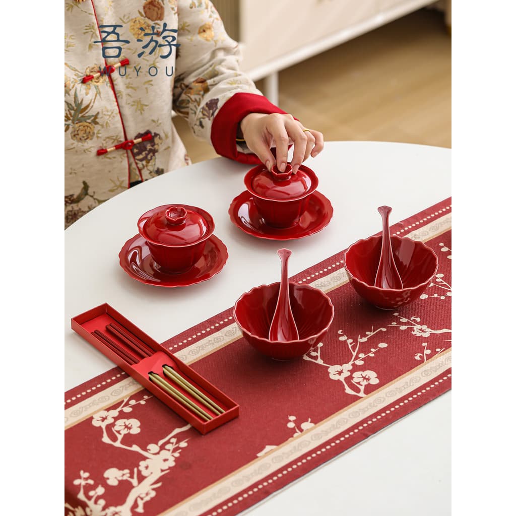 Wuyou casamento vermelho torrada tigela de chá conjunto copo casamento chinês High-End alterado xícara de chá feliz tige