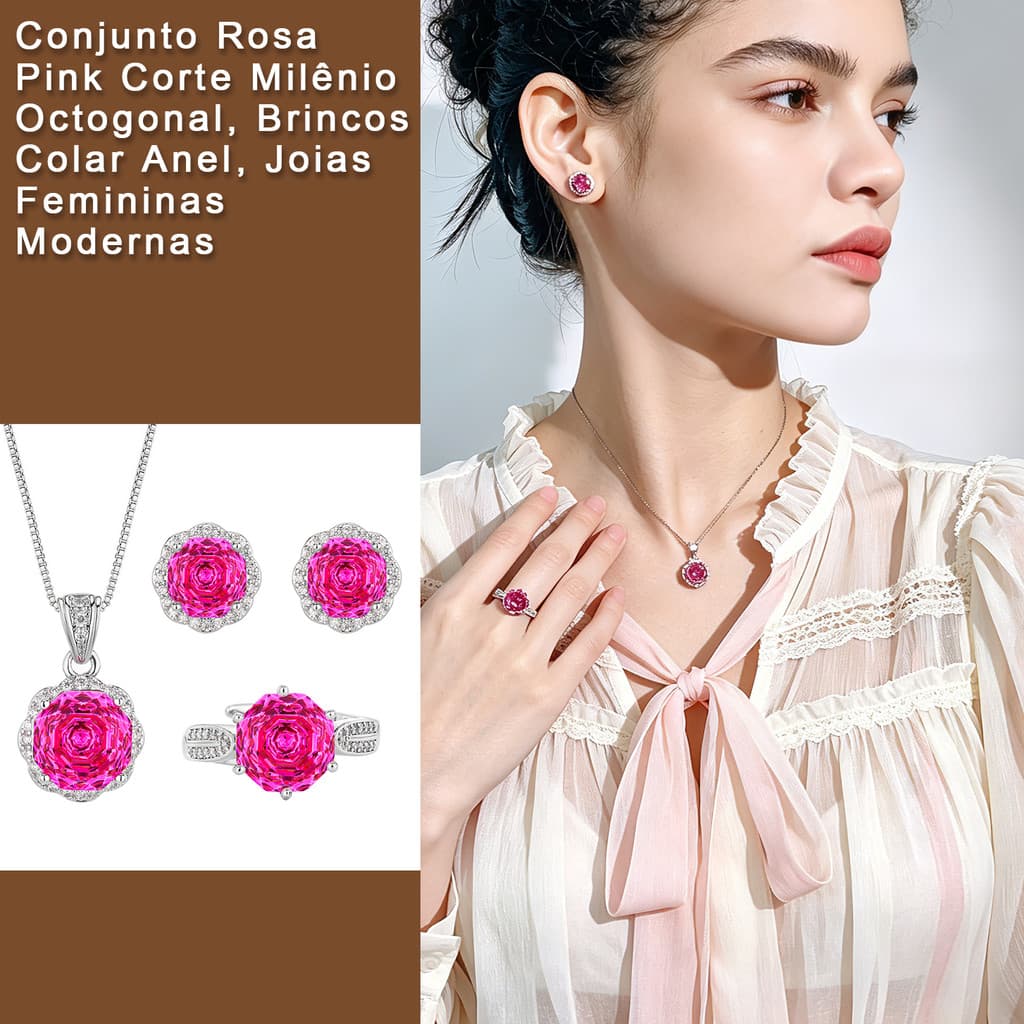 Simples versátil octogonal Millennium rosa corte rosa vermelho conjunto de jóias requintado brincos colar anel High-End