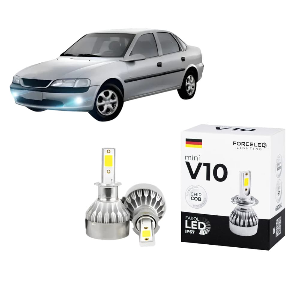 Kit Led de Farol Chevrolet Vectra Full Mini V10 (2 Lamp.) H1 IP67 ChipCob 6500K Cor Branca Com Leve Azulado