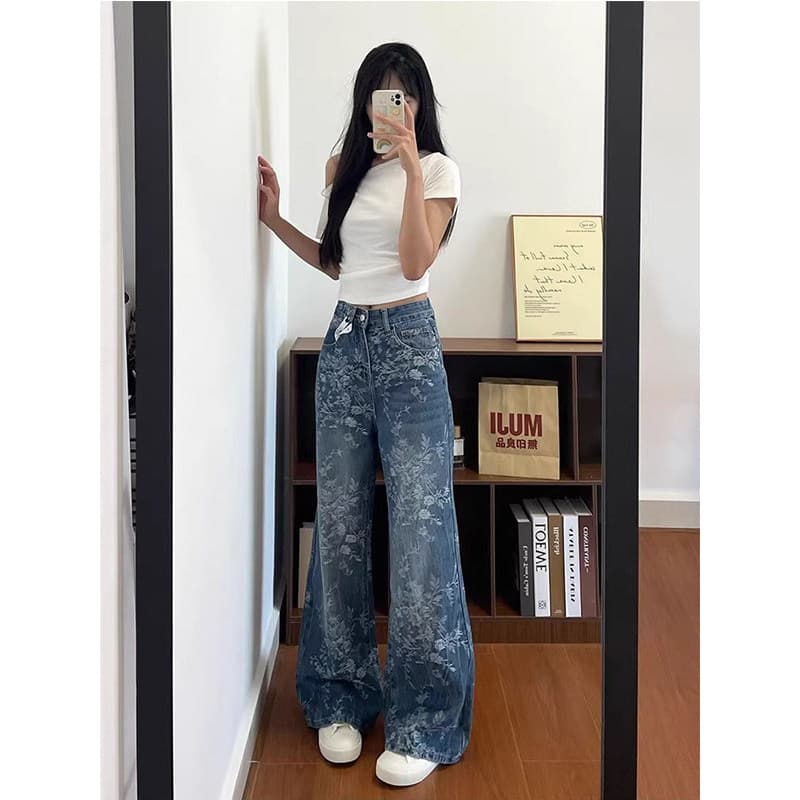 Jacquard cintura alta Jeans feminino venda quente 2026 novo estilo nicho calças Design solto em linha reta calças de per