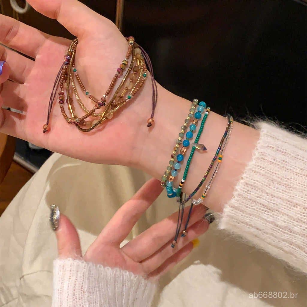 Pulseira boêmia de várias camadas com contas para mulheres, pulseira vintage de estilo étnico chinês, acessório de mão r