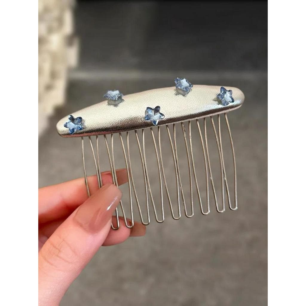 Estilo coreano ins estilo prata couro estrela pente de cabelo high-End sentimento de cabeça para baixo pente alto crânio
