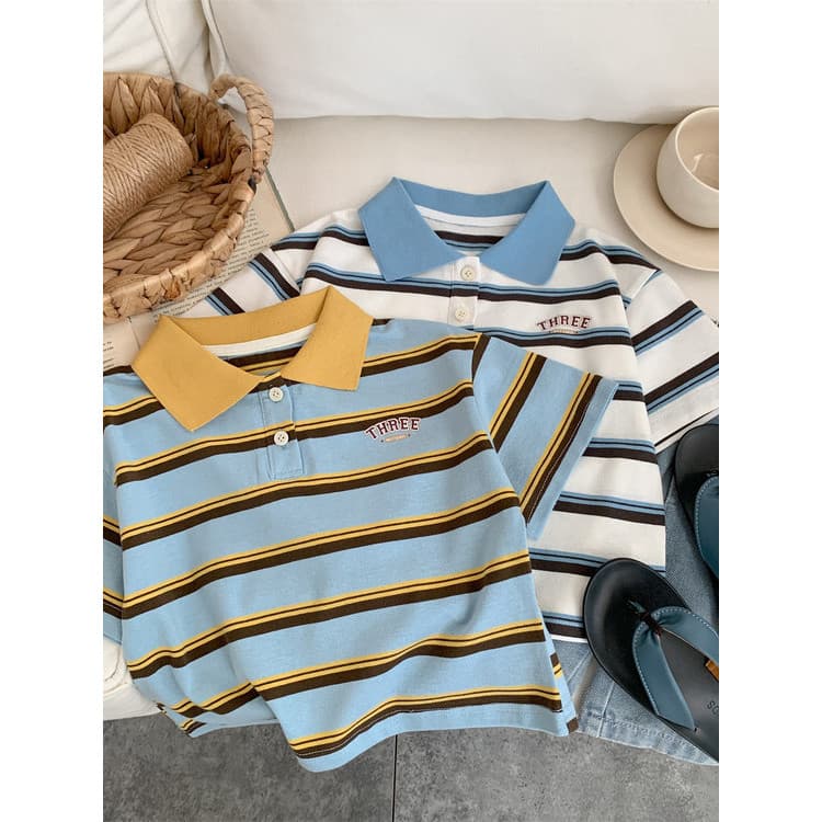 Meninos camisa POLO de manga curta camiseta verão 2026 novo estilo puro algodão bebê listrado topo infantil meia manga t