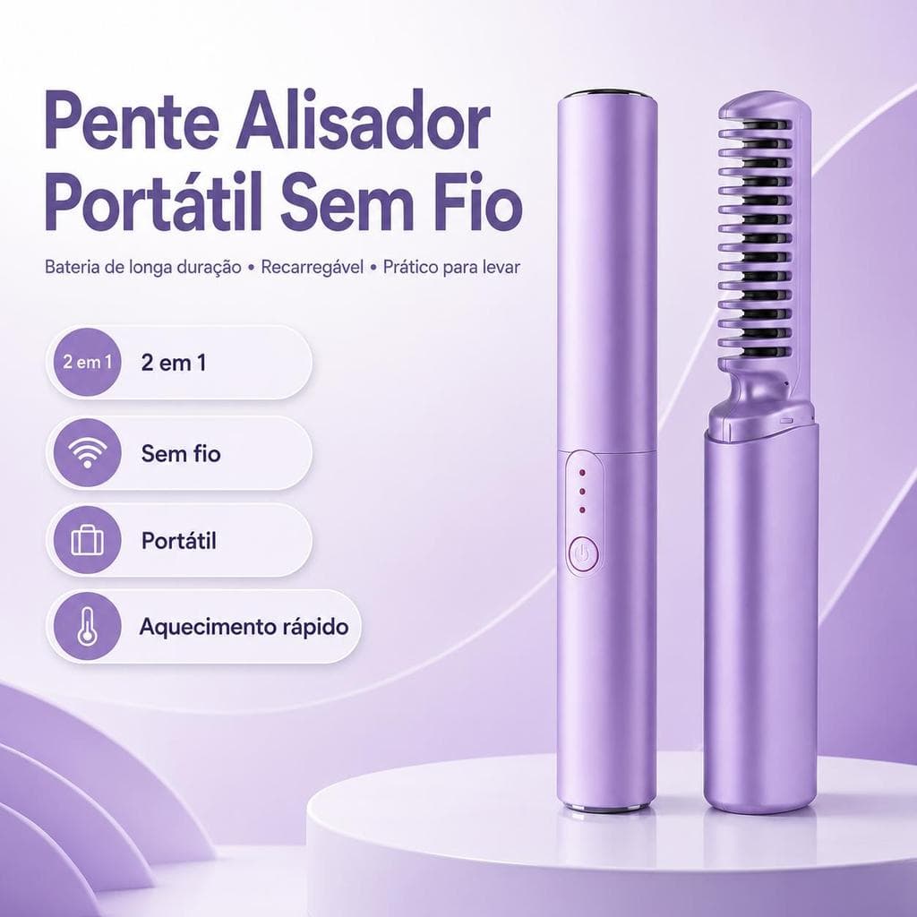 Pente Alisador Portátil Sem Fio 2 em 1, Pente Quente Recarregável com 3 Níveis de Temperatura, Mini Alisador de Cabelo p