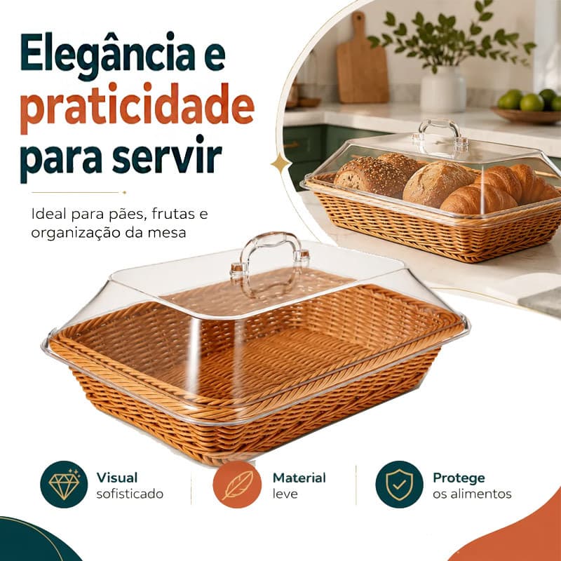Cesta De Pão De Frutas Em Vime Sintético E Rattan Com Tampa 35* 25* 15CM