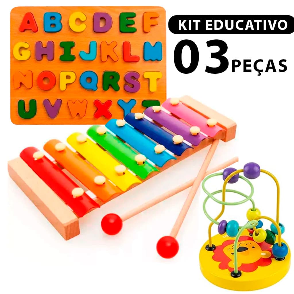 Kit educativo 3 peças sendo: Xilofone + Aramado + Tabuleiro Alfabeto de madeira Pedagógico