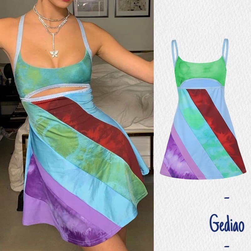 Et1-Vestido Casual Feminino com Alças, Corte em A, Moda, Cores Contrastantes, Decote em U, Curto, com Recortes OKIE
