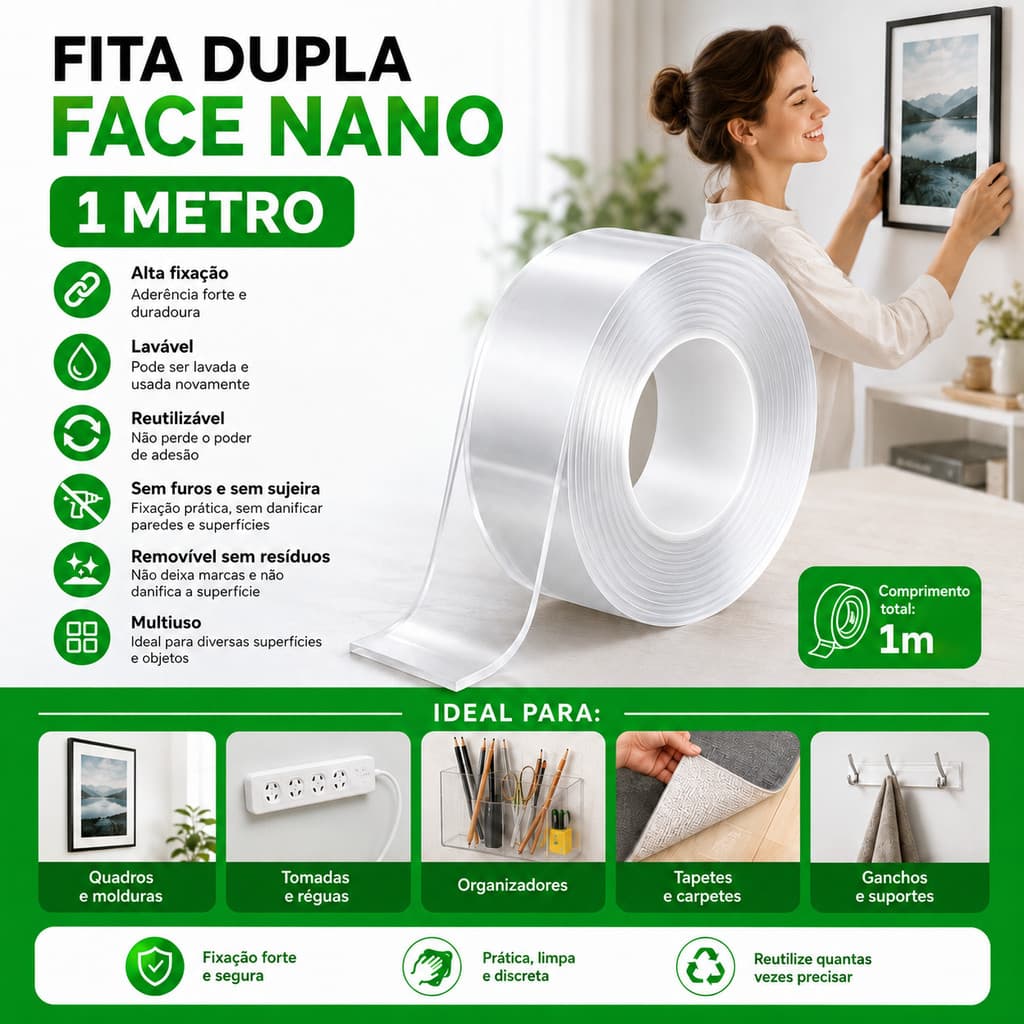 Fita Nano Mágica Dupla Face  1m Lavável Cola Tudo