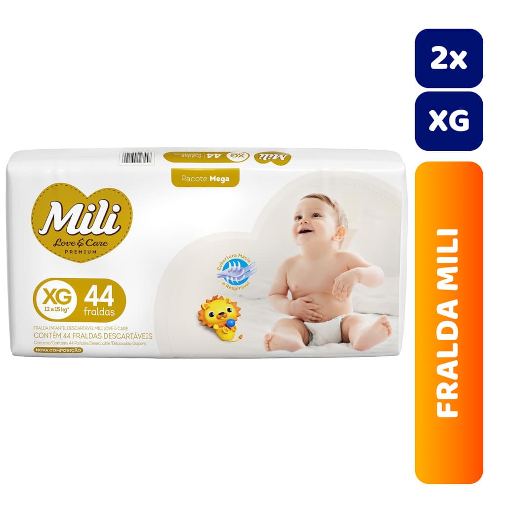 Kit 2x Fralda Infantil Mili Mega Love & Care Premium C/44 XG