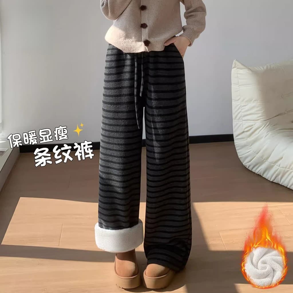Preto cinza forro de lã listrado calças femininas outono inverno estilo preguiçoso engrossado arroz glutinoso calças de