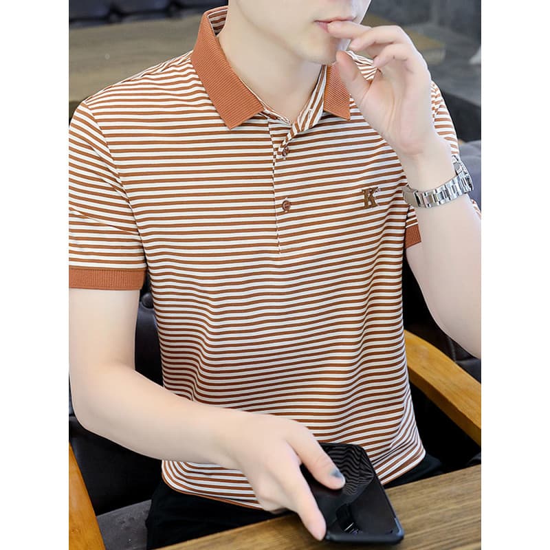 2025 novo estilo listrado puro algodão POLO camisa masculina lapela de manga curta camiseta verão bordado colarinho Emb