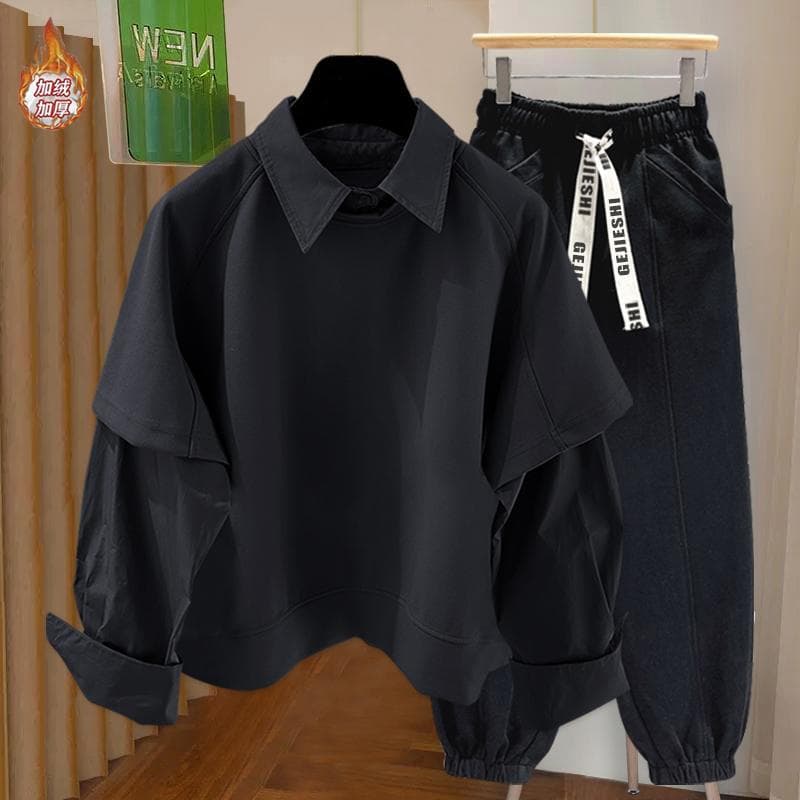 Outono inverno forro de lã engrossado falso de duas peças moletom de manga comprida terno masculino na moda Casual All-M