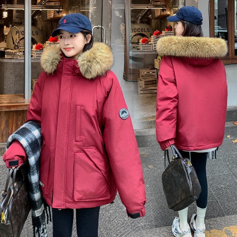 Parker acolchoado jaqueta com capuz feminino novo estilo engrossado casal grande gola de pele Workwear com capuz moda pe