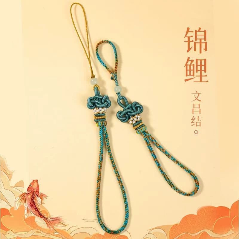 Novo pingente de chaveiro em estilo chinês com design de peixe koi, requintada alça para celular para mulheres e acessór