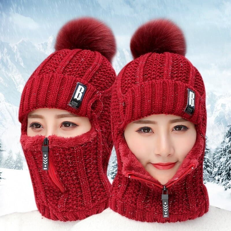Toucas de Inverno Femininas de Tricô para Uso Externo, Forradas com Pelo, Quentes, com Zíper para Manter o Rosto Aquecid