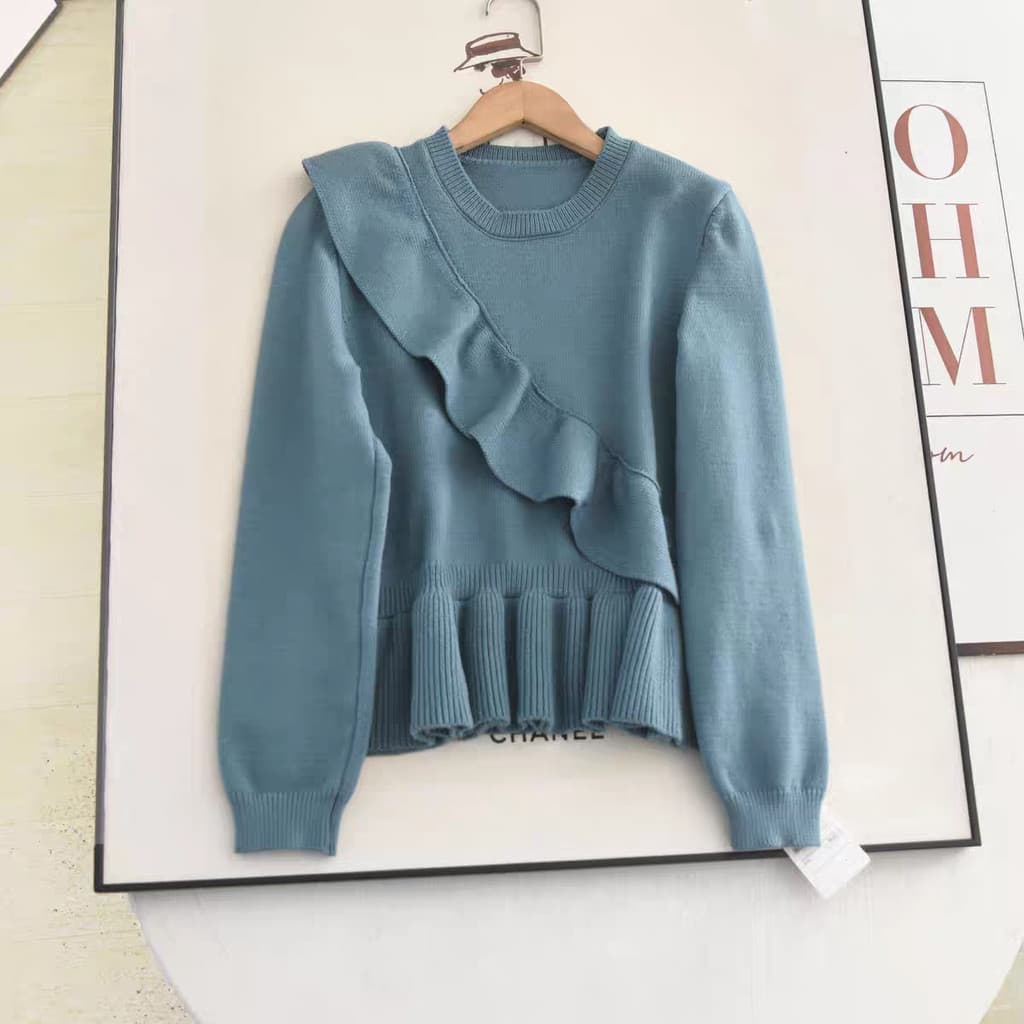 2-12 malhas femininas primavera outono inverno novo estilo azul babados camisola interior de manga comprida camisa de fu
