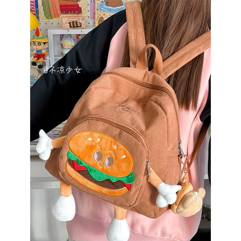 Outono inverno bonito hambúrguer pequena mochila feminina feio bonito veludo nicho dos desenhos animados mochila de pelú