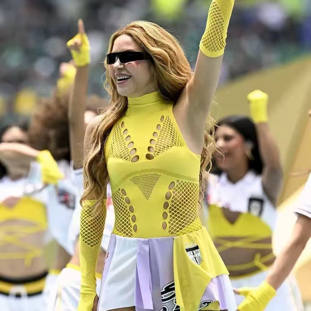 Meijiamo copa do mundo estilo de abertura Shakira desempenho traje feminino cintura alta magro-ajuste perspectiva oco Ne