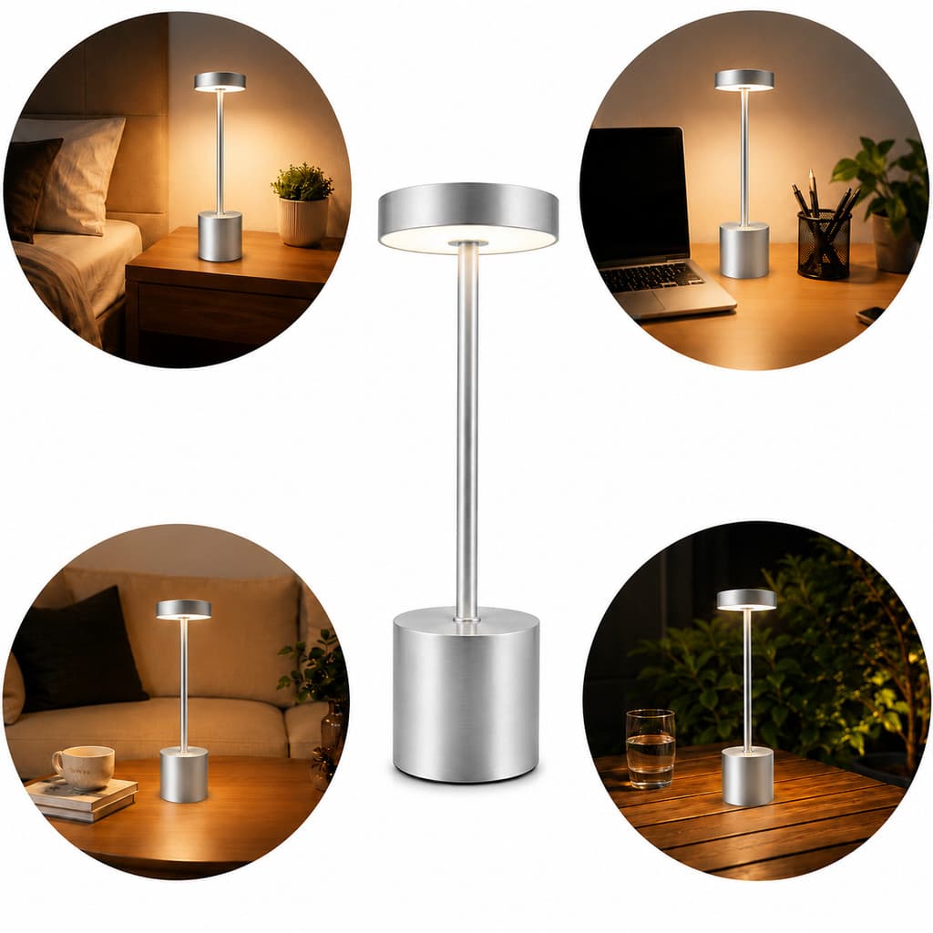 Abajur Prata Luminária Touch Portátil Recarregável USB Luz Quente Fria e Neutra
