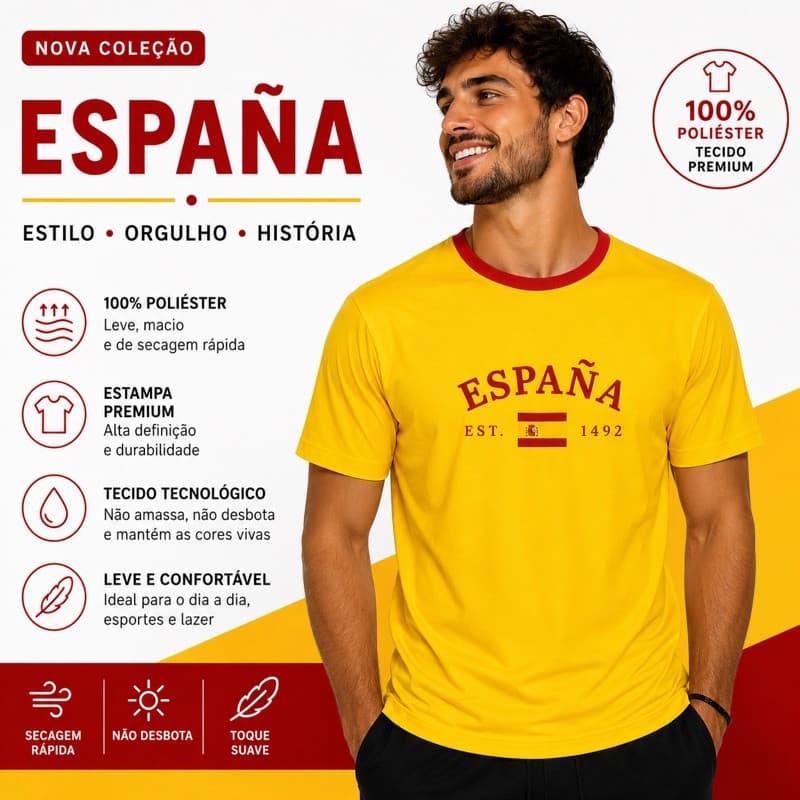 Camiseta Vintage Espanha Amarela Gola Vermelha - 100% Poliéster - Adulto e Infantil - Estampa Premium España - Casual