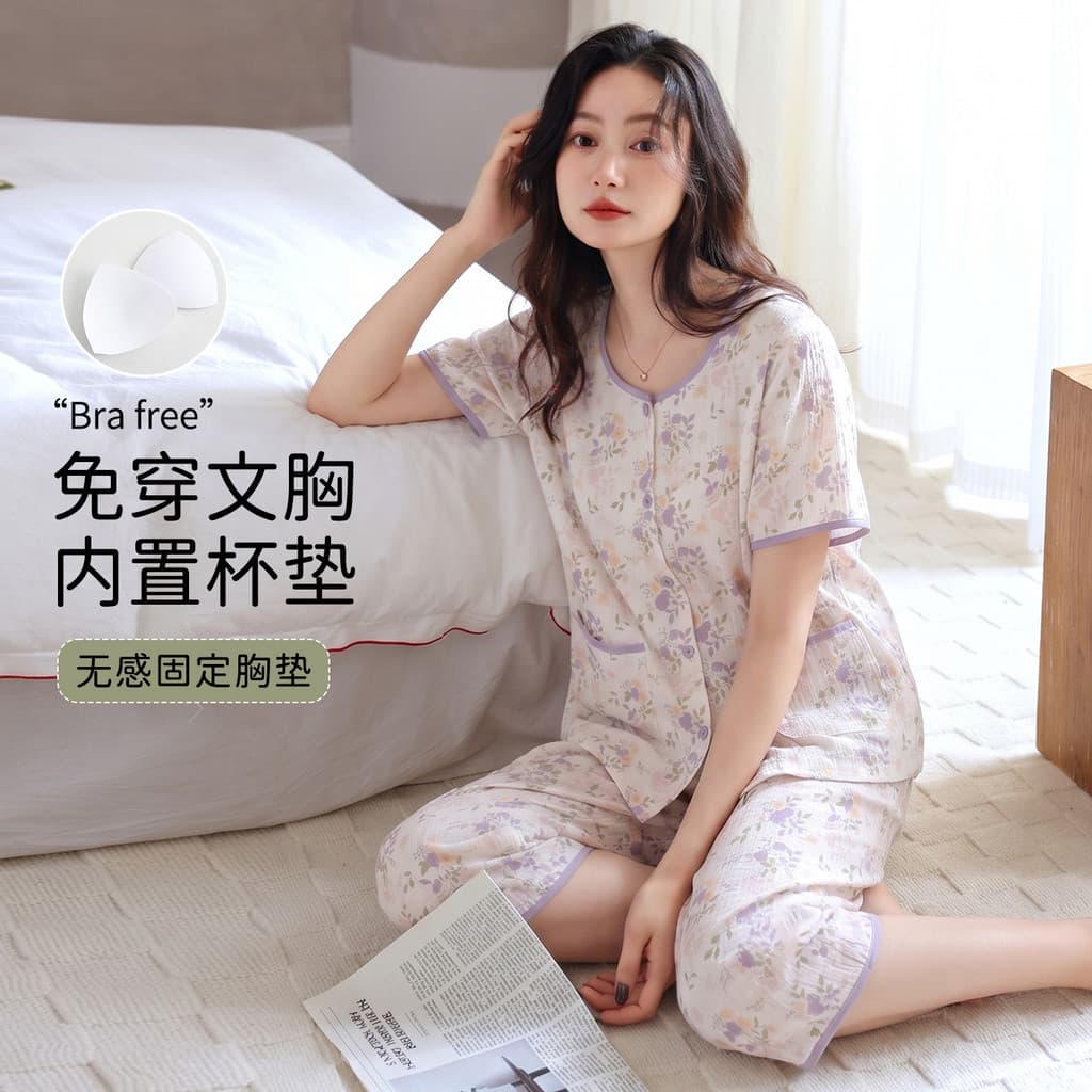 Pijamas femininos de algodão com almofada no peito Calças cortadas de manga curta Loungewear Terno tamanho grande verão