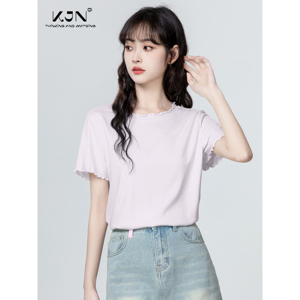 Roxo em torno do pescoço ombro de manga curta camiseta feminina 2026 verão novo estilo fungo borda Design solto camiseta