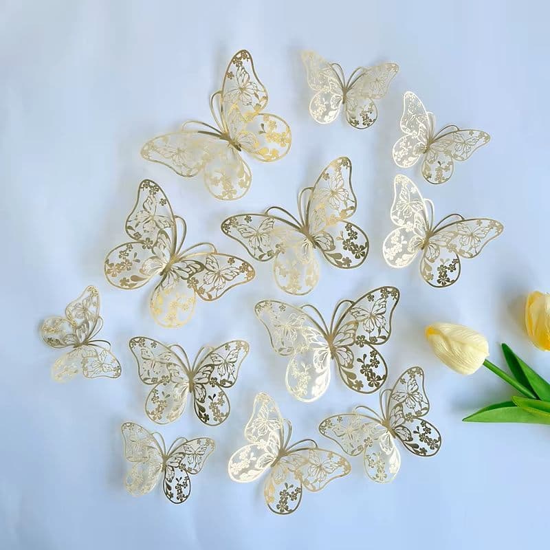 Kit 12 Borboletas Decorativa 3D Metalizada Dourado Champagne